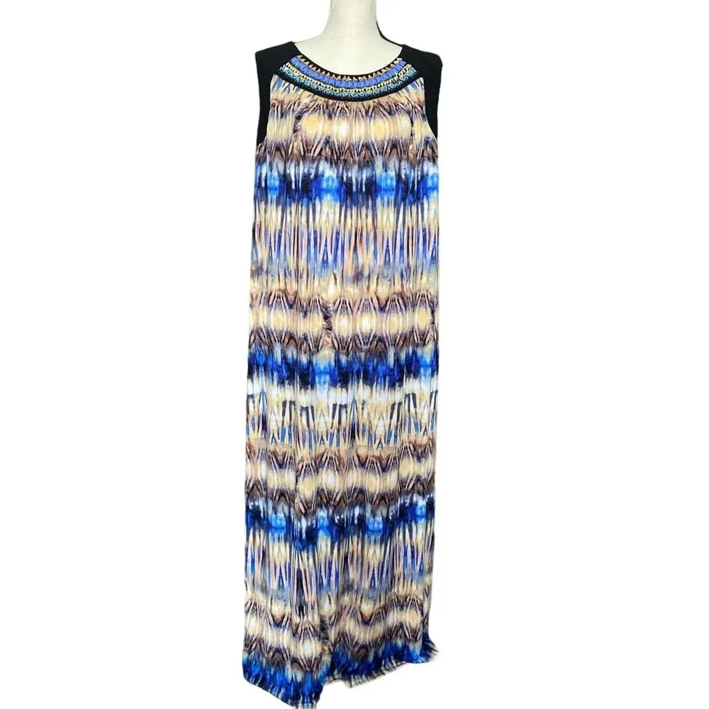 Embellished  Bejeweled  Neck‎ Maxi Dress Sleeveless Blue Brown women 14W